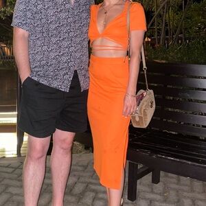 Orange Crop Top Tie Waist Set